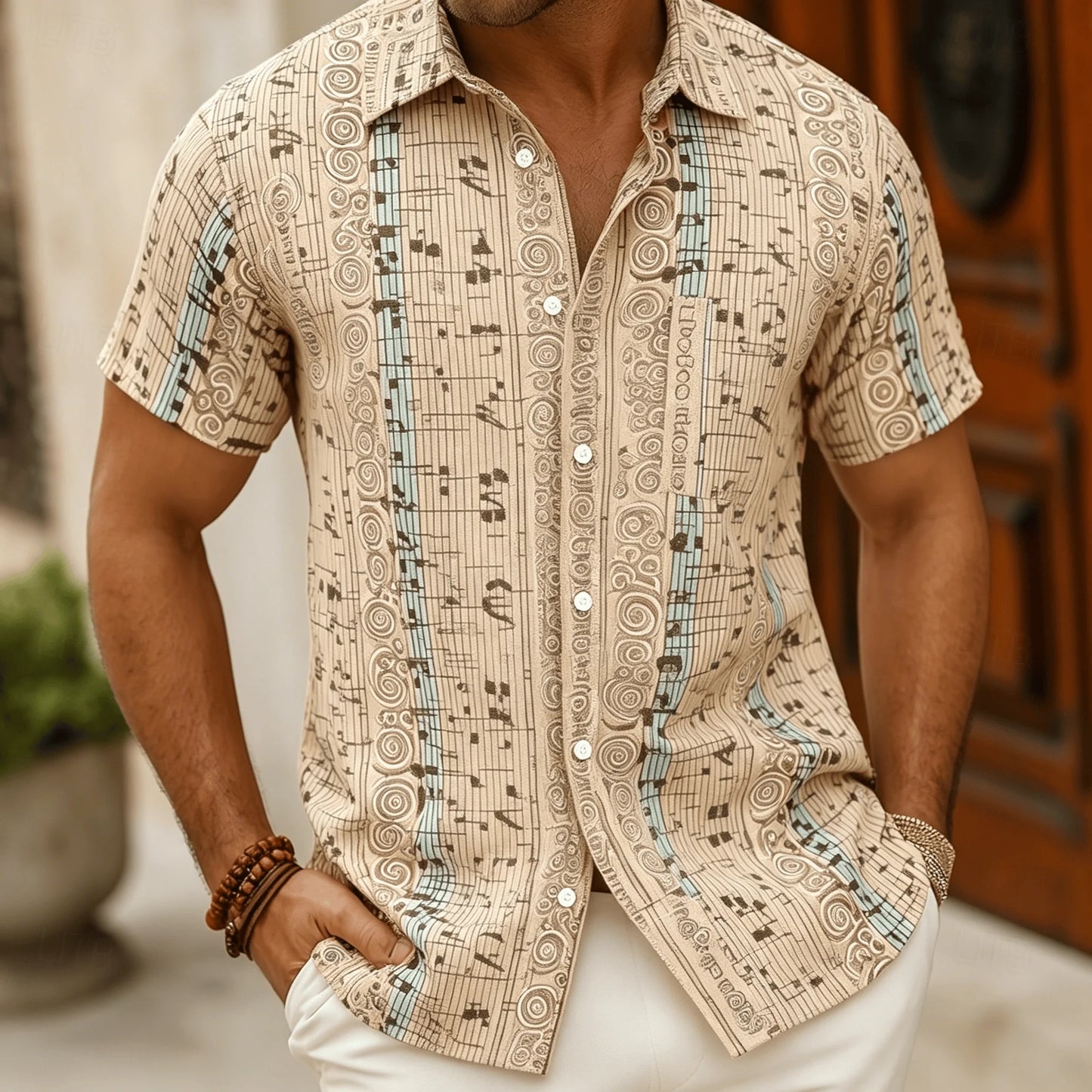 Men's Polynesian Tribal Print Short Sleeve Shirt, Bright Green Ethnic Style for Summer