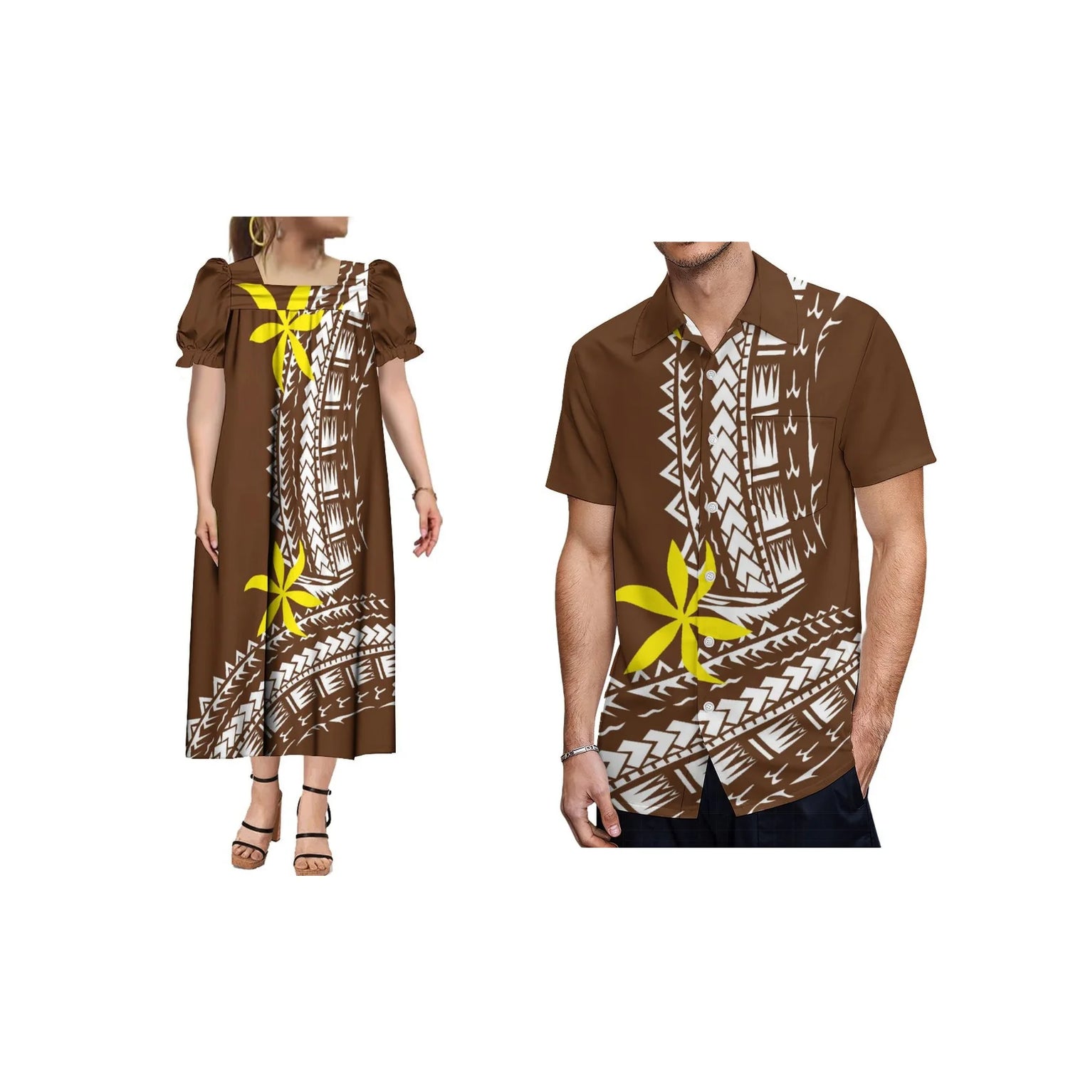 Polynesian Beach Couple Outfit Shirt And Midi Dress