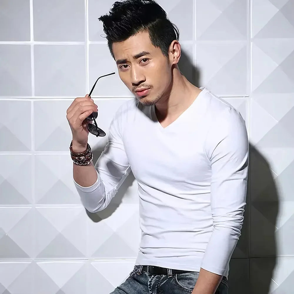 Men's Long Sleeve V Neck T Shirt 2026 MRMT Men T-shirt Slim Solid Tight Man T Shirt Tops Tees Clothing