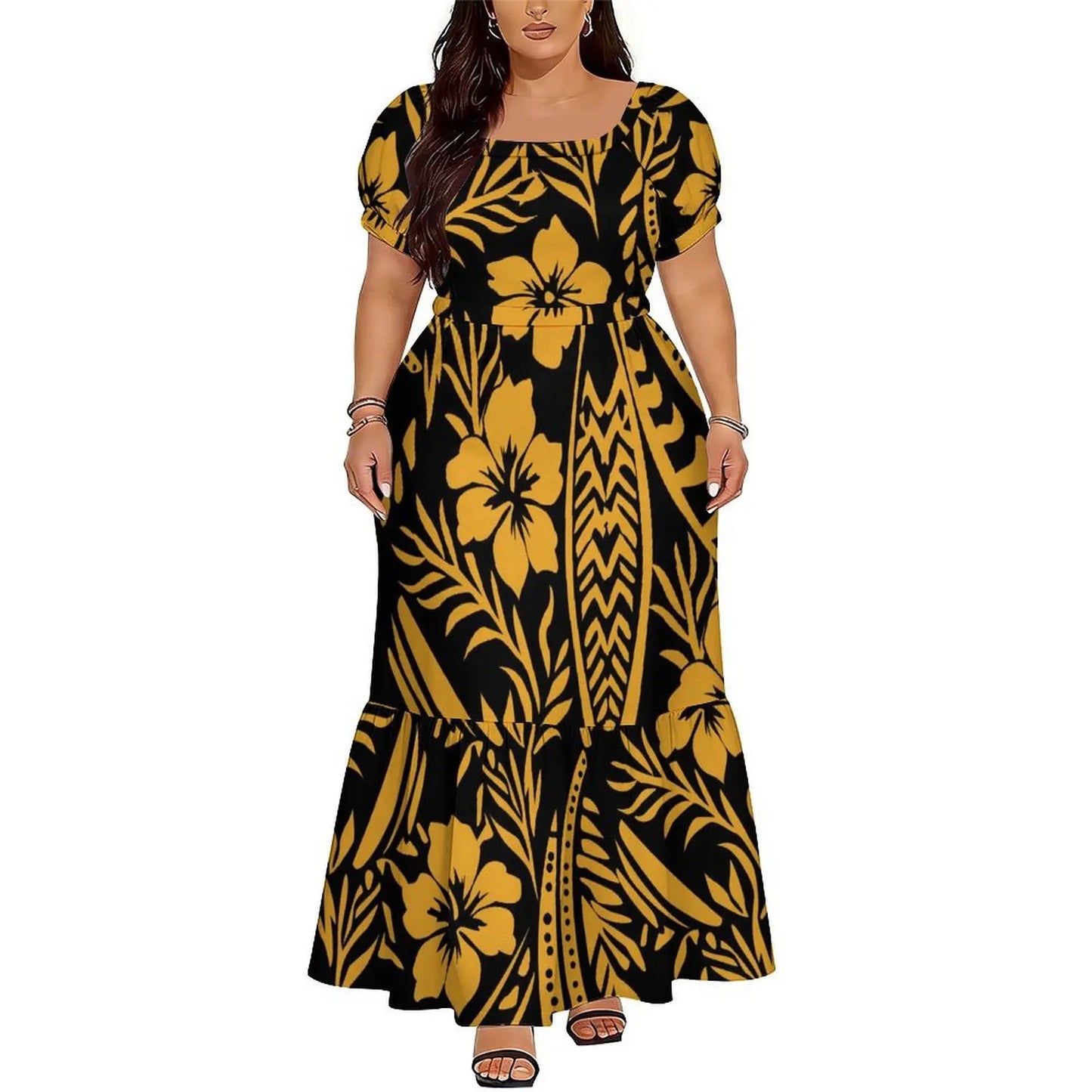 Polynesian Floral Puletasi Dress With Layered Sleeves