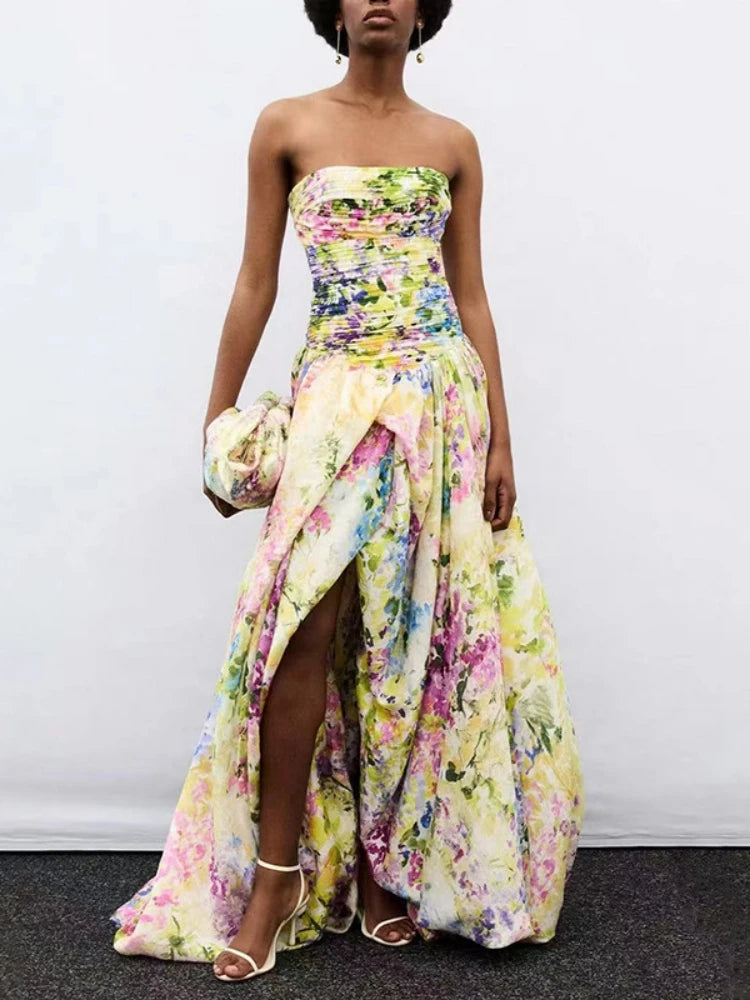 Sexy Strapless Printed Split Deign Long Bubble Dress Women Sleeveless Backless High Waist Patchwork Folds Dresses Evening Party