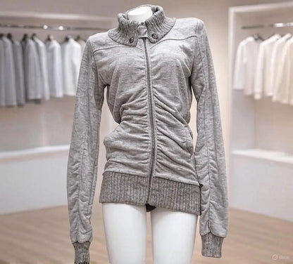 American Street Style Retro Pleated Turtleneck Zipper Hoodie Womens Grey Oversized Hoodie with Ribbed Cuffs Y2K Style Jacket
