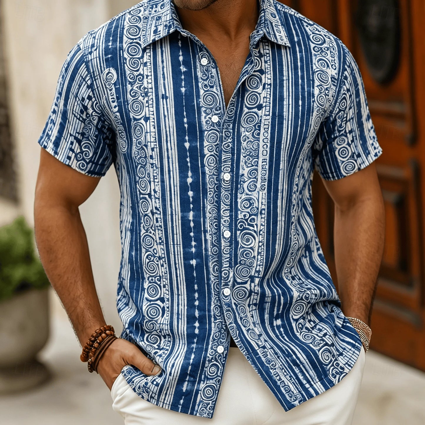 Men's Polynesian Tribal Print Short Sleeve Shirt, Bright Green Ethnic Style for Summer