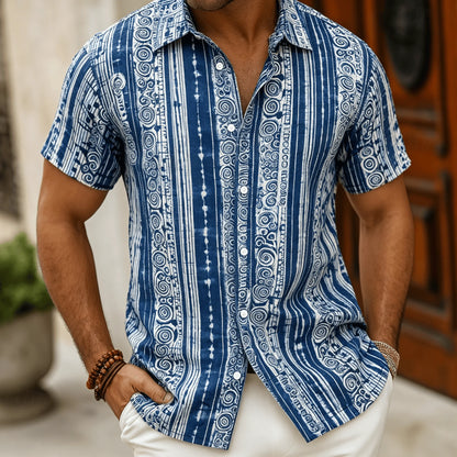 Men's Polynesian Tribal Print Short Sleeve Shirt, Bright Green Ethnic Style for Summer