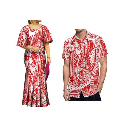 2024 New Summer  Print Plus Size Women Dresses  Polynesian Tribal Bell Sleeve Samoa Puletasi  Dress