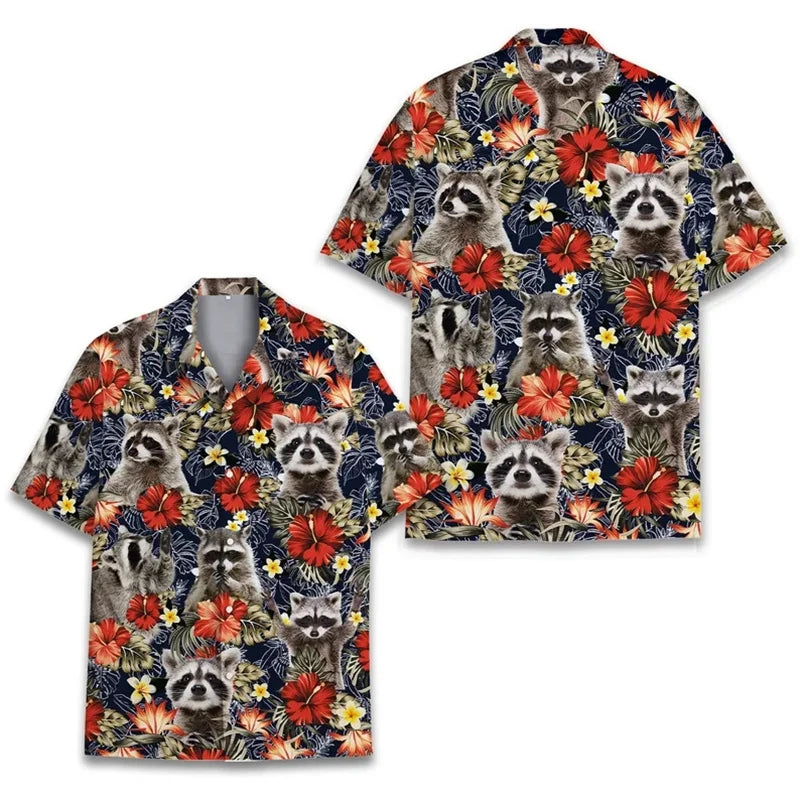 Polynesian Tiki Loose Breathable Men's Short Sleeved 3d Print Funny Raccoon Hawaii Shirts Beach Party Top Women Kid Tops Camisas