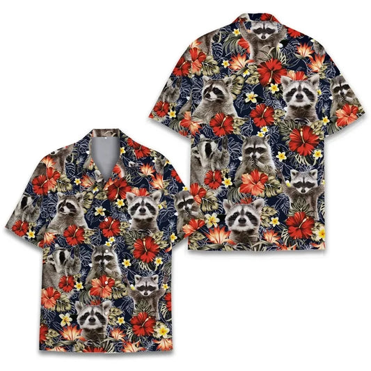 Polynesian Tiki Loose Breathable Men's Short Sleeved 3d Print Funny Raccoon Hawaii Shirts Beach Party Top Women Kid Tops Camisas