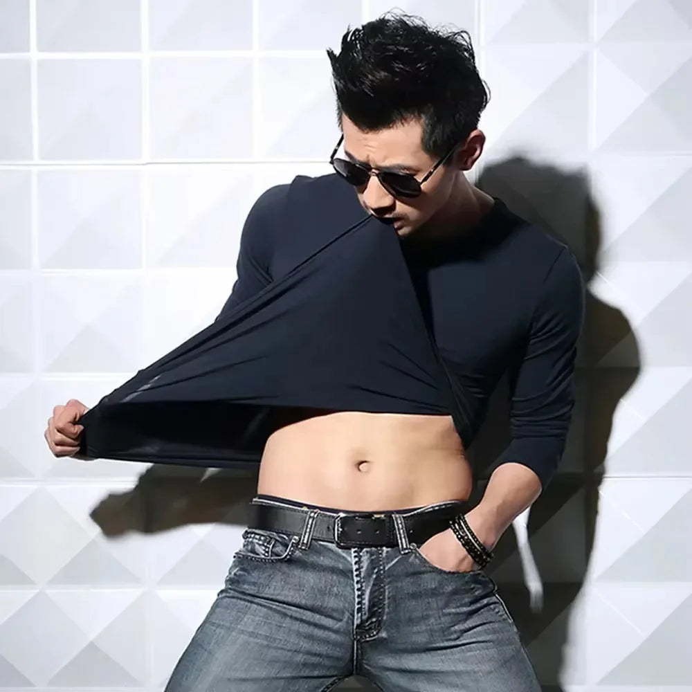 Men's Long Sleeve V Neck T Shirt 2026 MRMT Men T-shirt Slim Solid Tight Man T Shirt Tops Tees Clothing