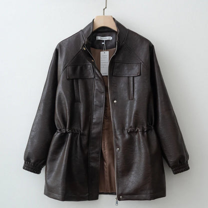Women Fashion 2025 Fall / Autumn Pu Leather Jacket with Elastic adjustable waist Female Coat and Outerwear