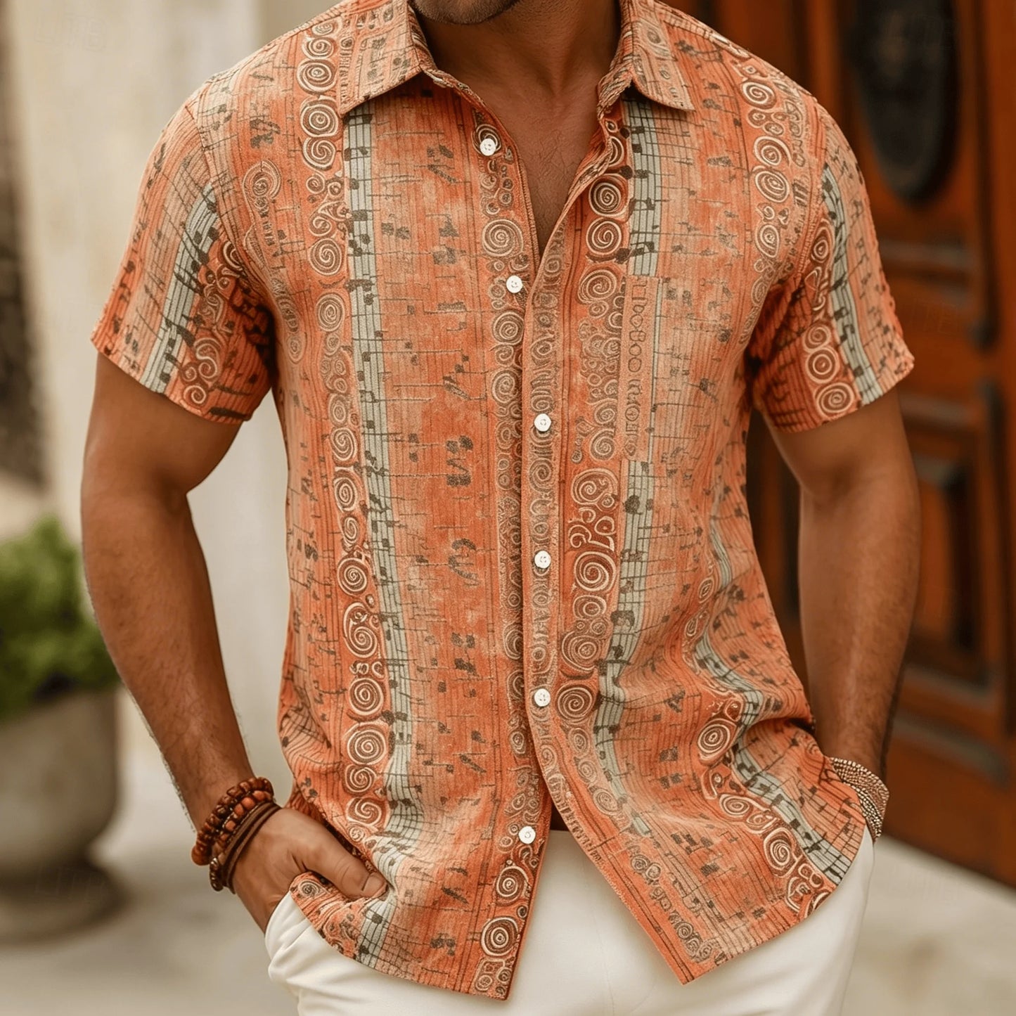 Men's Polynesian Tribal Print Short Sleeve Shirt, Bright Green Ethnic Style for Summer