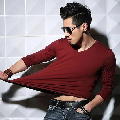 Men's Long Sleeve V Neck T Shirt 2026 MRMT Men T-shirt Slim Solid Tight Man T Shirt Tops Tees Clothing