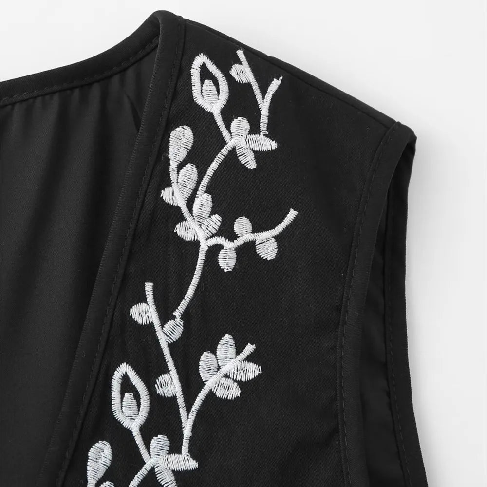 Ethnic V Neck Totem Flower Embroidery Waistcoat Women Front Tie Bow BOHO Sleeveless Quilted Vest Jacket Vacation Loose Tops