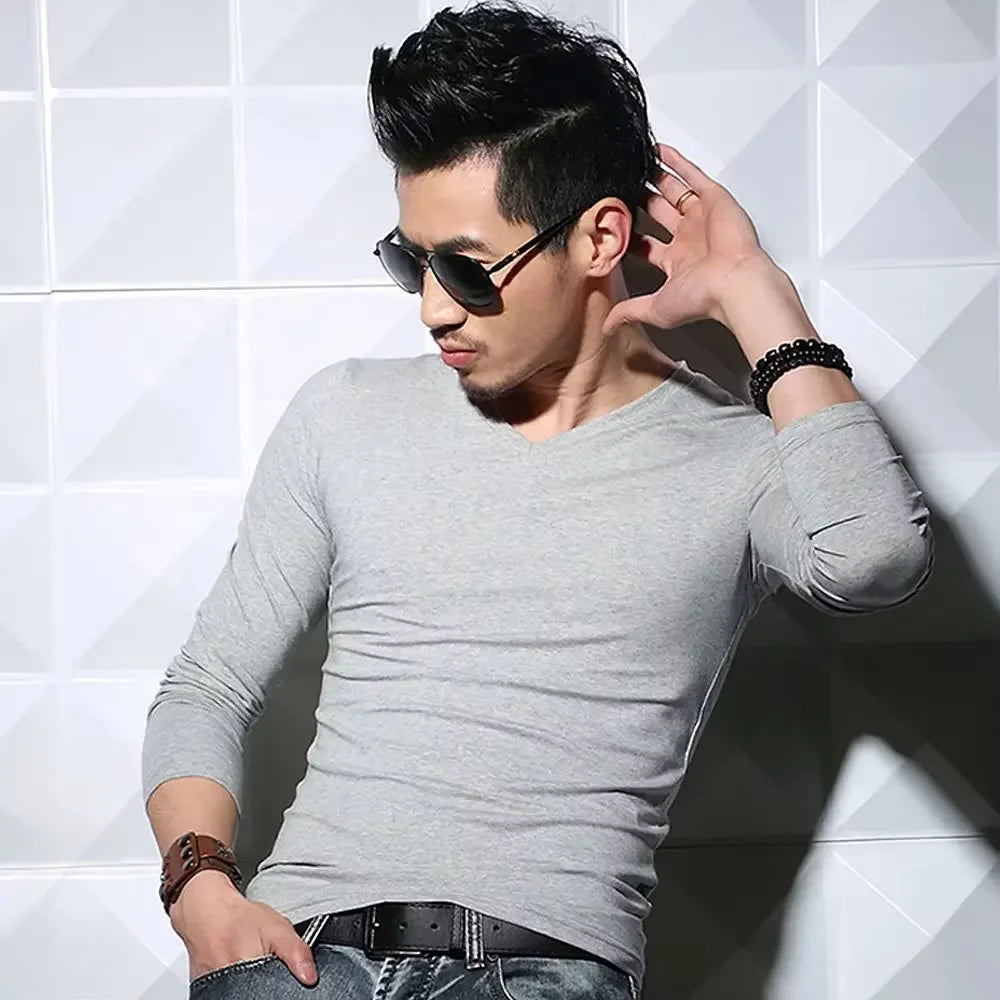 Men's Long Sleeve V Neck T Shirt 2026 MRMT Men T-shirt Slim Solid Tight Man T Shirt Tops Tees Clothing