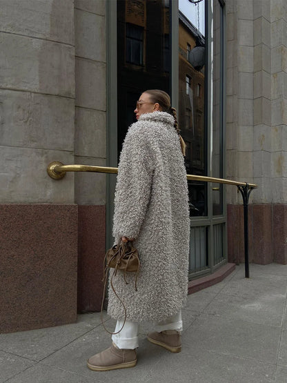 Gray Wool Faux Fur Shearling Long Coat for Women Winter 2025 Winter Fashion Trendy Teddy Maxi Coat Monki Curly Clean Fit Outwear