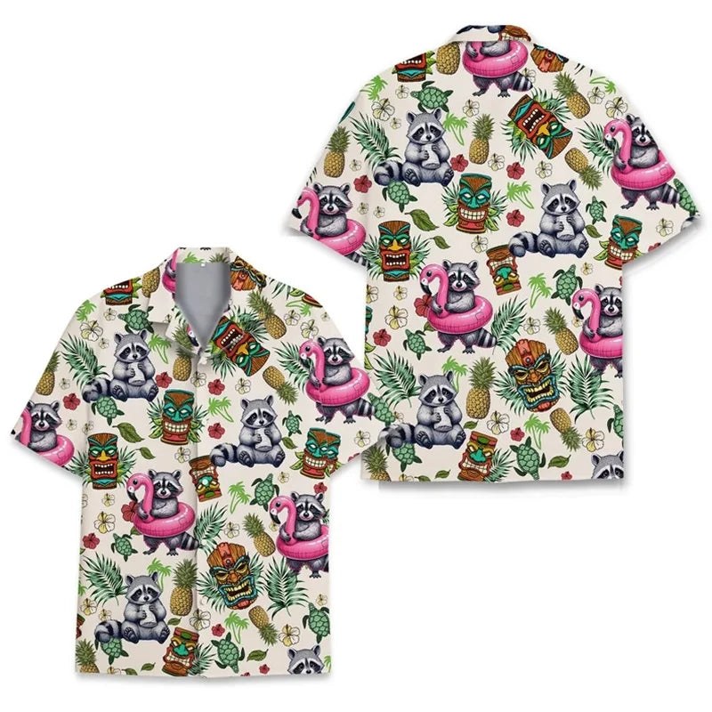 Polynesian Tiki Loose Breathable Men's Short Sleeved 3d Print Funny Raccoon Hawaii Shirts Beach Party Top Women Kid Tops Camisas