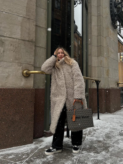 Gray Wool Faux Fur Shearling Long Coat for Women Winter 2025 Winter Fashion Trendy Teddy Maxi Coat Monki Curly Clean Fit Outwear