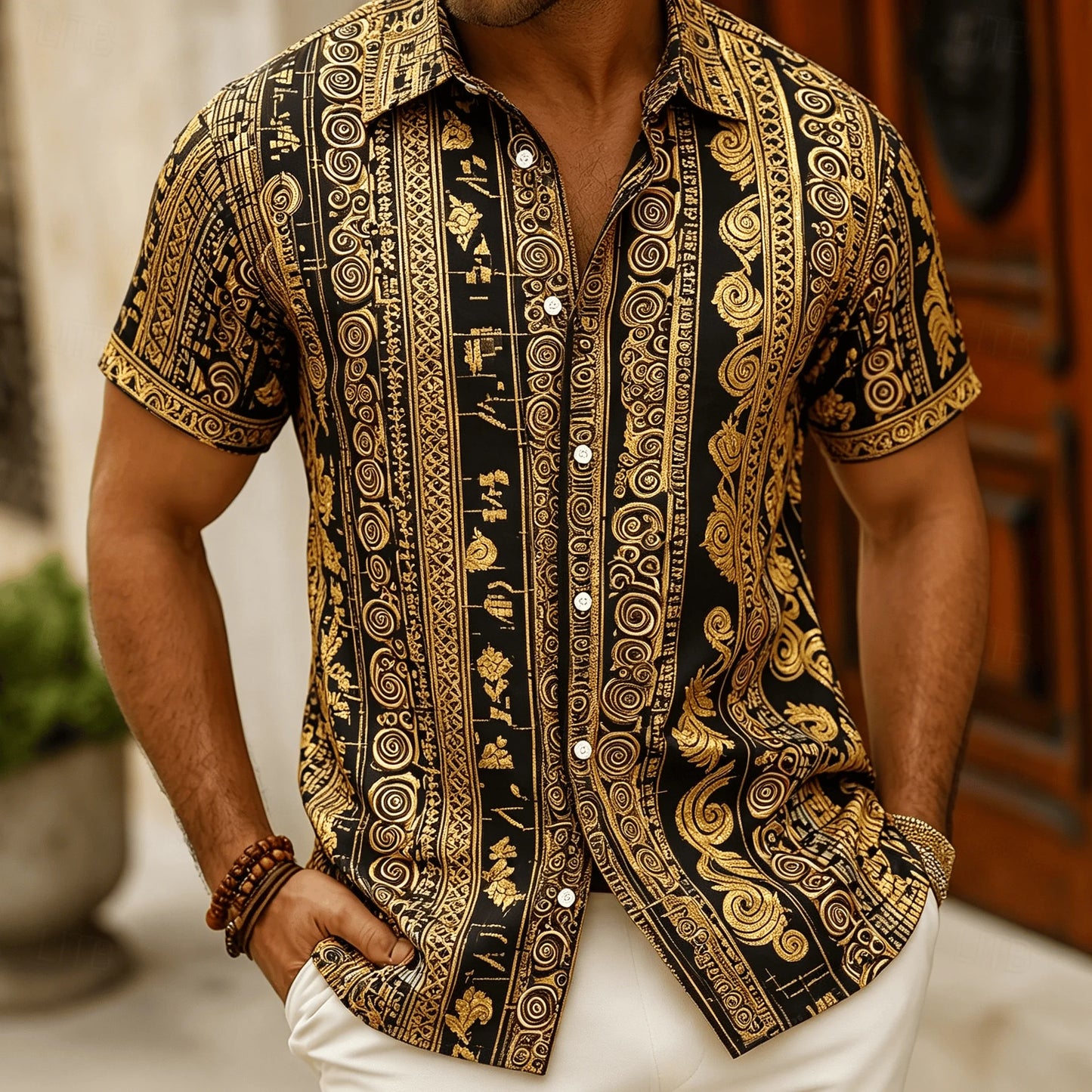Men's Polynesian Tribal Print Short Sleeve Shirt, Bright Green Ethnic Style for Summer