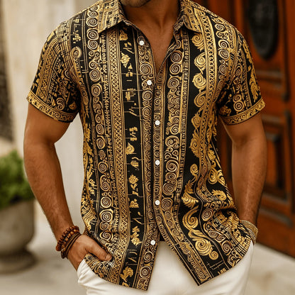 Men's Polynesian Tribal Print Short Sleeve Shirt, Bright Green Ethnic Style for Summer
