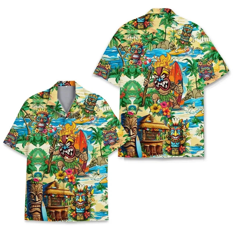 Polynesian Tiki Loose Breathable Men's Short Sleeved 3d Print Funny Raccoon Hawaii Shirts Beach Party Top Women Kid Tops Camisas