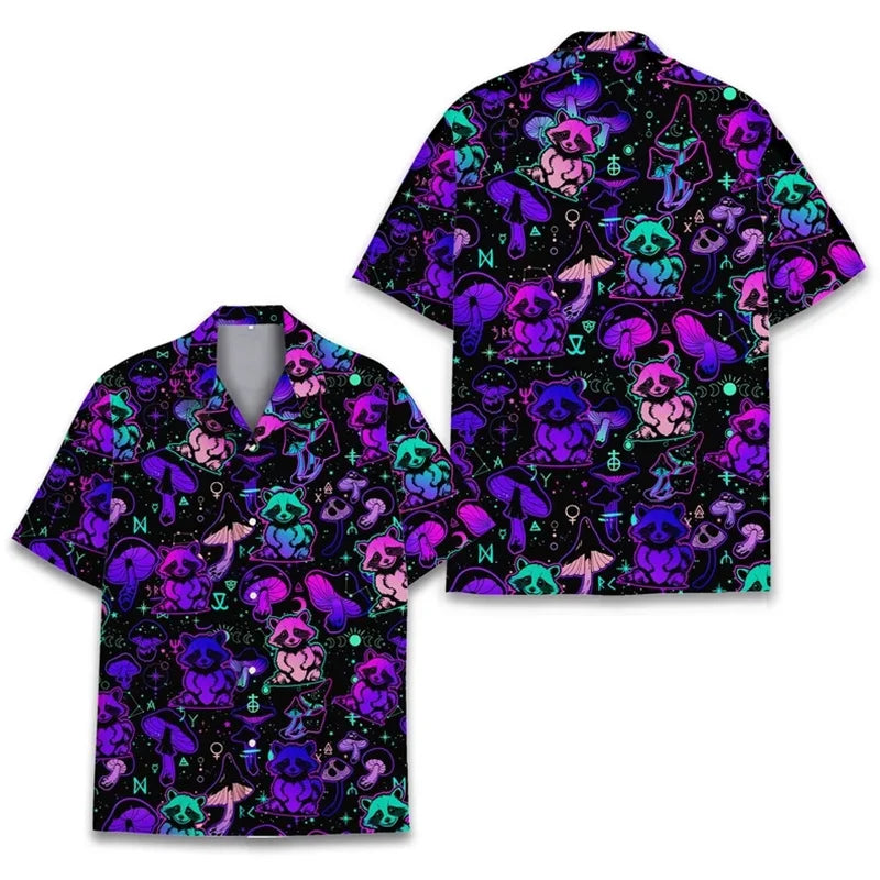 Polynesian Tiki Loose Breathable Men's Short Sleeved 3d Print Funny Raccoon Hawaii Shirts Beach Party Top Women Kid Tops Camisas
