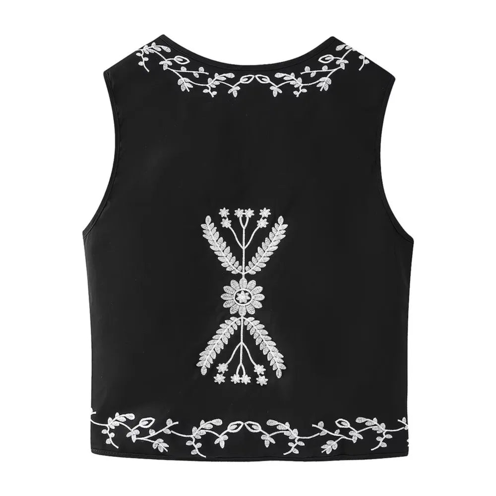Ethnic V Neck Totem Flower Embroidery Waistcoat Women Front Tie Bow BOHO Sleeveless Quilted Vest Jacket Vacation Loose Tops