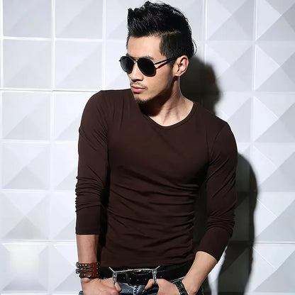 Men's Long Sleeve V Neck T Shirt 2026 MRMT Men T-shirt Slim Solid Tight Man T Shirt Tops Tees Clothing