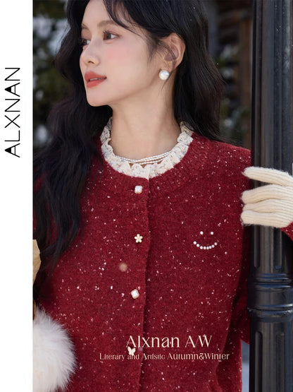 ALXNAN Red Cardigan Spliced Lace Collar Chic Pearl Buttons Cashmere Cardigan Women 2026 Christmas Burgundy Wool Sweater L52502
