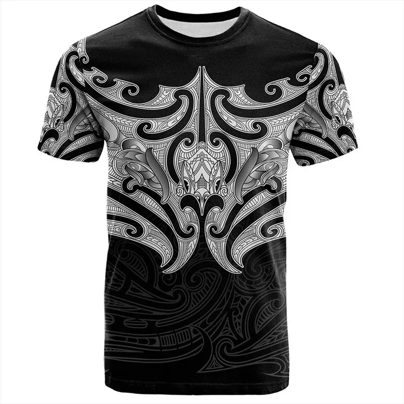 Men's Wild Style Short Sleeved T-shirt Polynesian Tribal Totem Loose and Versatile Trendy Round Neck Top