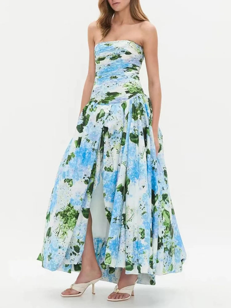 Sexy Strapless Printed Split Deign Long Bubble Dress Women Sleeveless Backless High Waist Patchwork Folds Dresses Evening Party