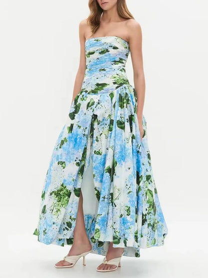 Sexy Strapless Printed Split Deign Long Bubble Dress Women Sleeveless Backless High Waist Patchwork Folds Dresses Evening Party