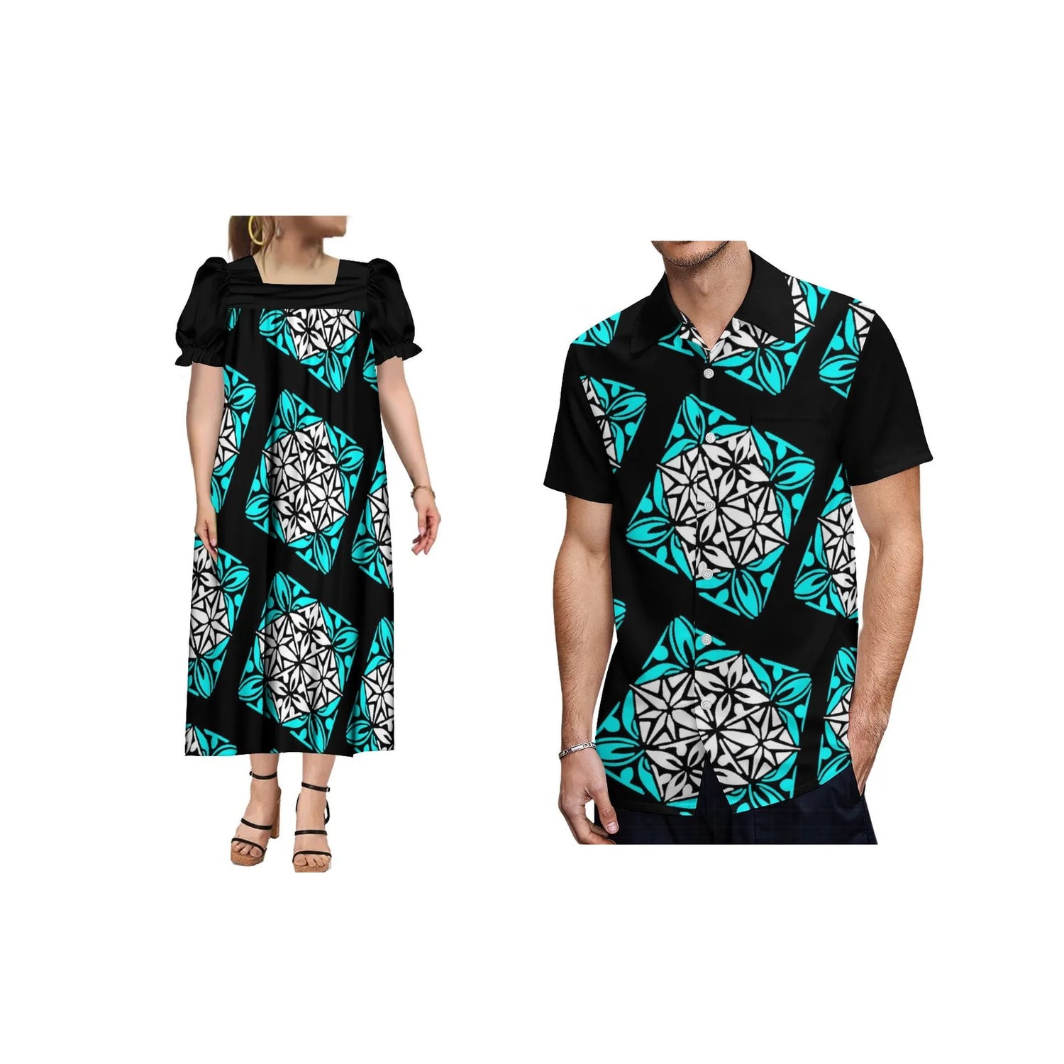 Polynesian Beach Couple Outfit Shirt And Midi Dress