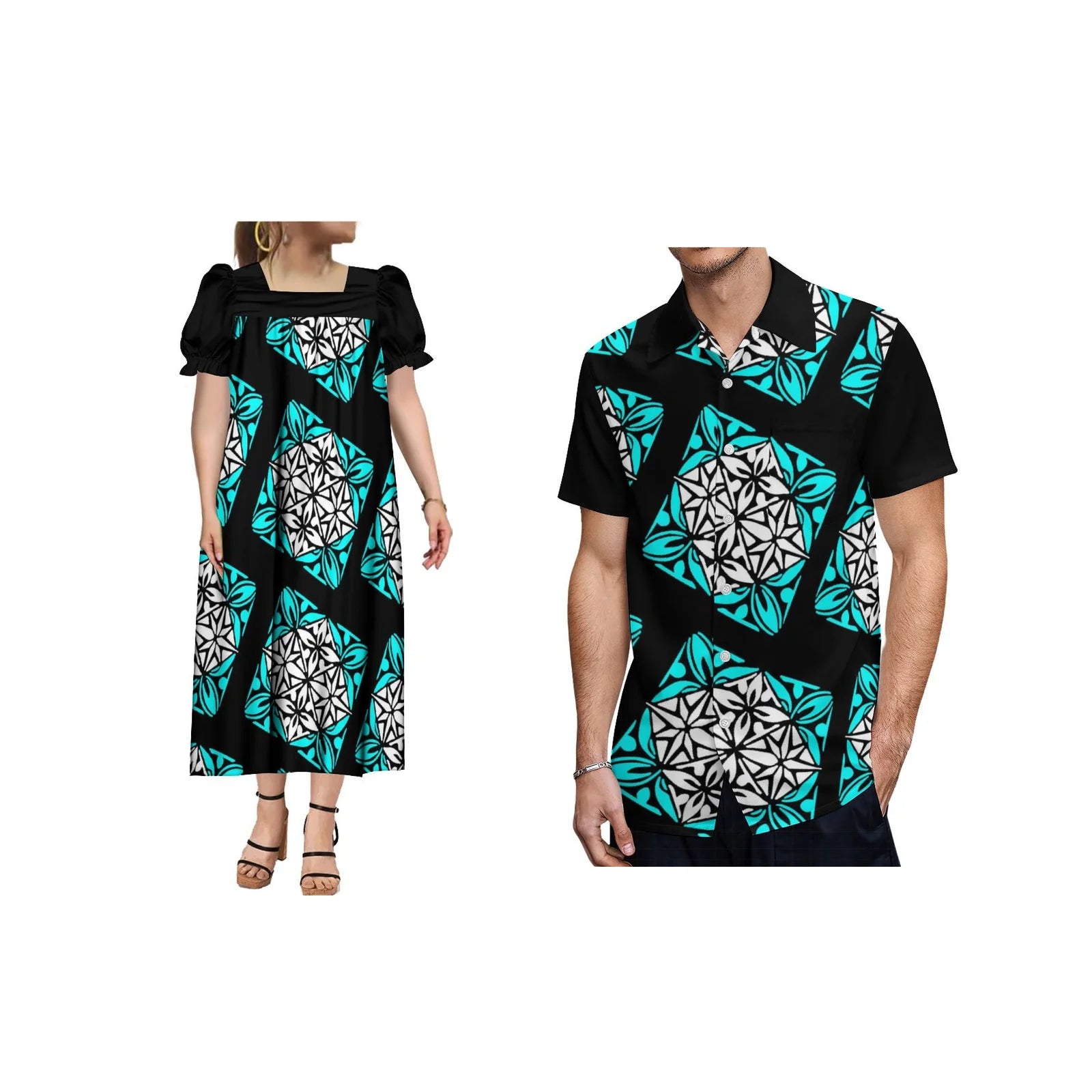 Polynesian Beach Couple Outfit Shirt And Midi Dress
