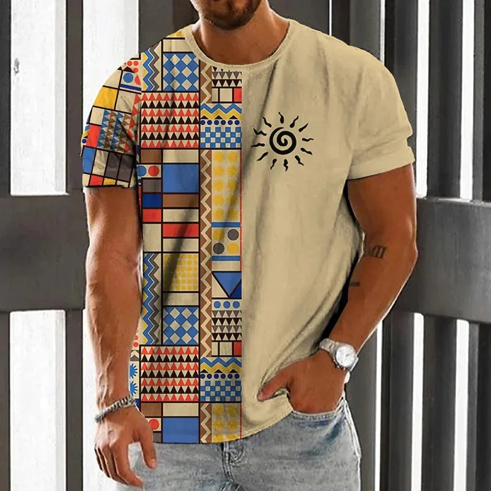 Vintage Ethnic Style Men's T-Shirt Summer Fashion 3D Printed Men's Short Sleeve Casual Loose Tops Street Trend Men's Clothing