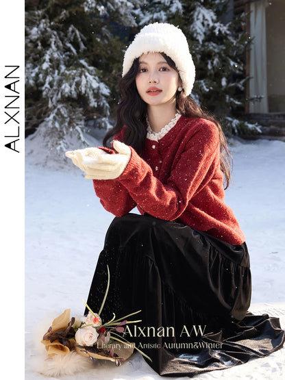 ALXNAN Red Cardigan Spliced Lace Collar Chic Pearl Buttons Cashmere Cardigan Women 2026 Christmas Burgundy Wool Sweater L52502