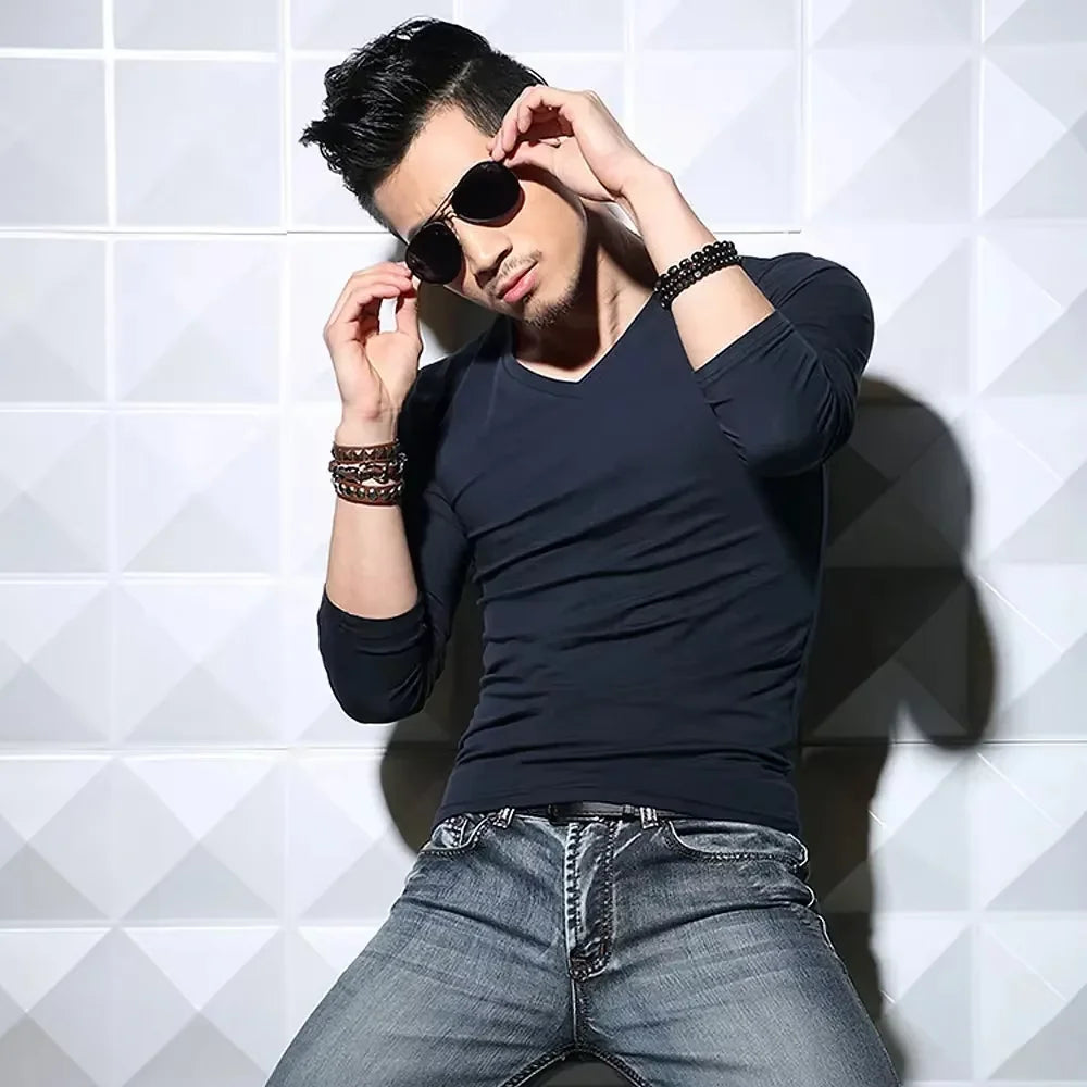 Men's Long Sleeve V Neck T Shirt 2026 MRMT Men T-shirt Slim Solid Tight Man T Shirt Tops Tees Clothing