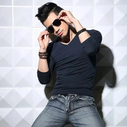 Men's Long Sleeve V Neck T Shirt 2026 MRMT Men T-shirt Slim Solid Tight Man T Shirt Tops Tees Clothing