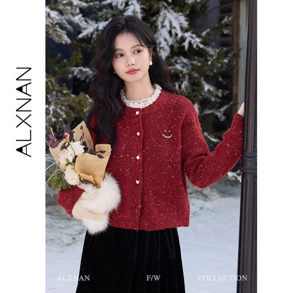 ALXNAN Red Cardigan Spliced Lace Collar Chic Pearl Buttons Cashmere Cardigan Women 2026 Christmas Burgundy Wool Sweater L52502