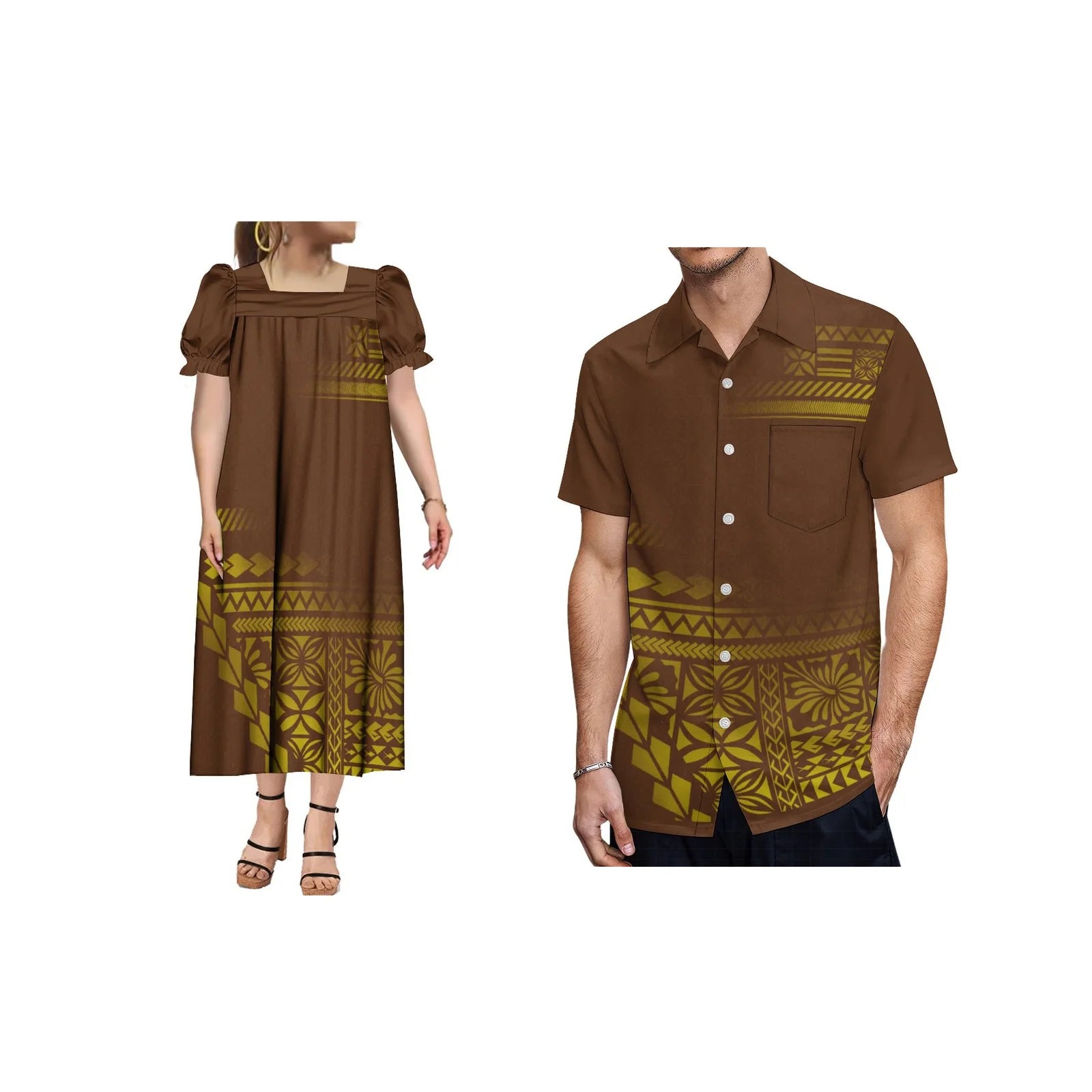 Polynesian Beach Couple Outfit Shirt And Midi Dress