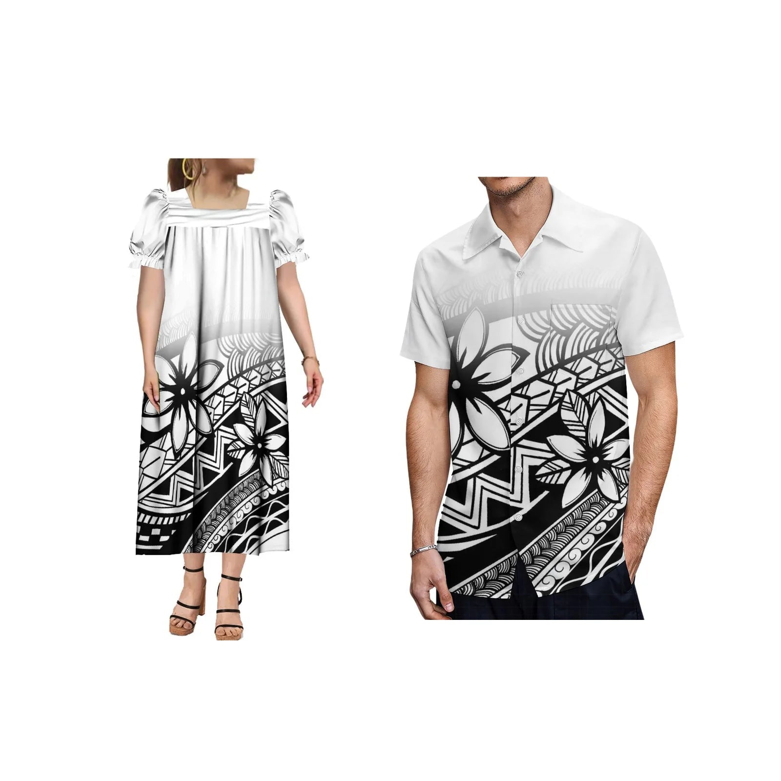 Polynesian Beach Couple Outfit Shirt And Midi Dress