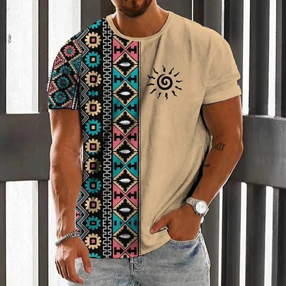 Vintage Ethnic Style Men's T-Shirt Summer Fashion 3D Printed Men's Short Sleeve Casual Loose Tops Street Trend Men's Clothing