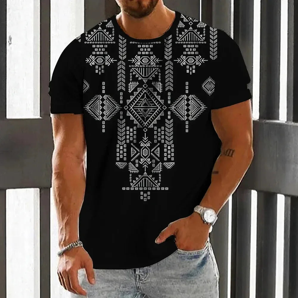 Vintage Ethnic Style Men's T-Shirt Summer Fashion 3D Printed Men's Short Sleeve Casual Loose Tops Street Trend Men's Clothing