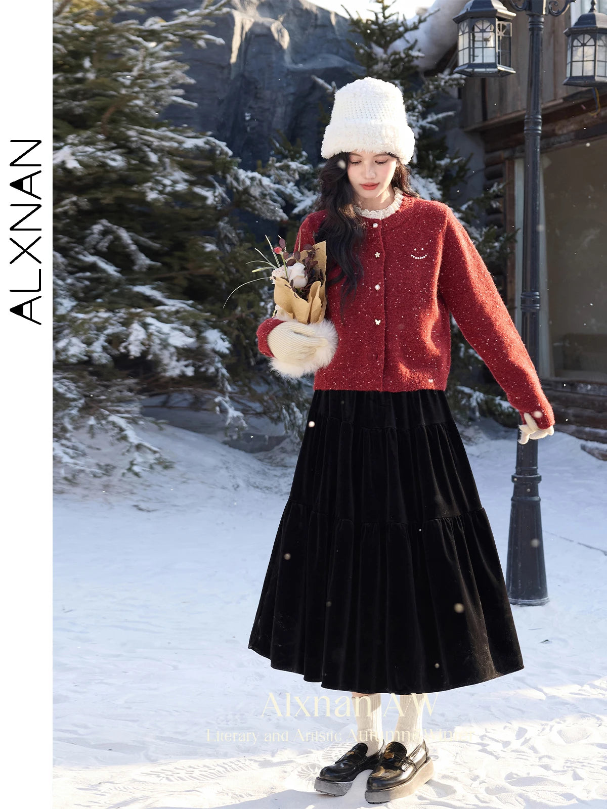ALXNAN Red Cardigan Spliced Lace Collar Chic Pearl Buttons Cashmere Cardigan Women 2026 Christmas Burgundy Wool Sweater L52502