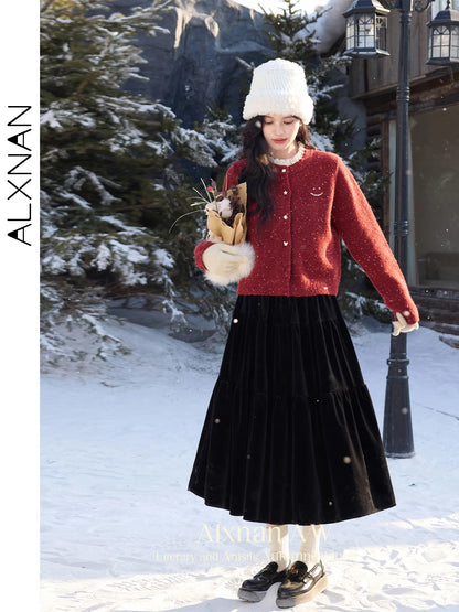 ALXNAN Red Cardigan Spliced Lace Collar Chic Pearl Buttons Cashmere Cardigan Women 2026 Christmas Burgundy Wool Sweater L52502