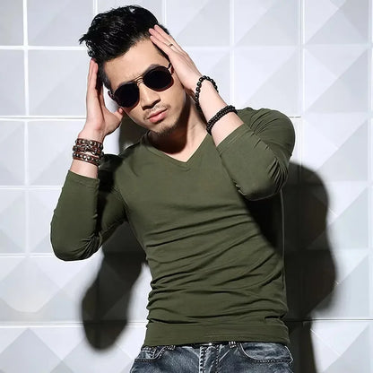 Men's Long Sleeve V Neck T Shirt 2026 MRMT Men T-shirt Slim Solid Tight Man T Shirt Tops Tees Clothing