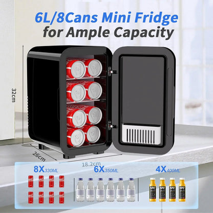 Mini Fridge, 6 Liter/8 Can 220-240V AC/DC Portable Thermoelectric Cooler Refrigerators for Bedroom