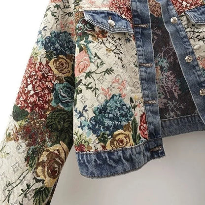 Chinese retro jacquard long-sleeved round neck denim jacket women's spring new fashion temperament short Joker little jacket.