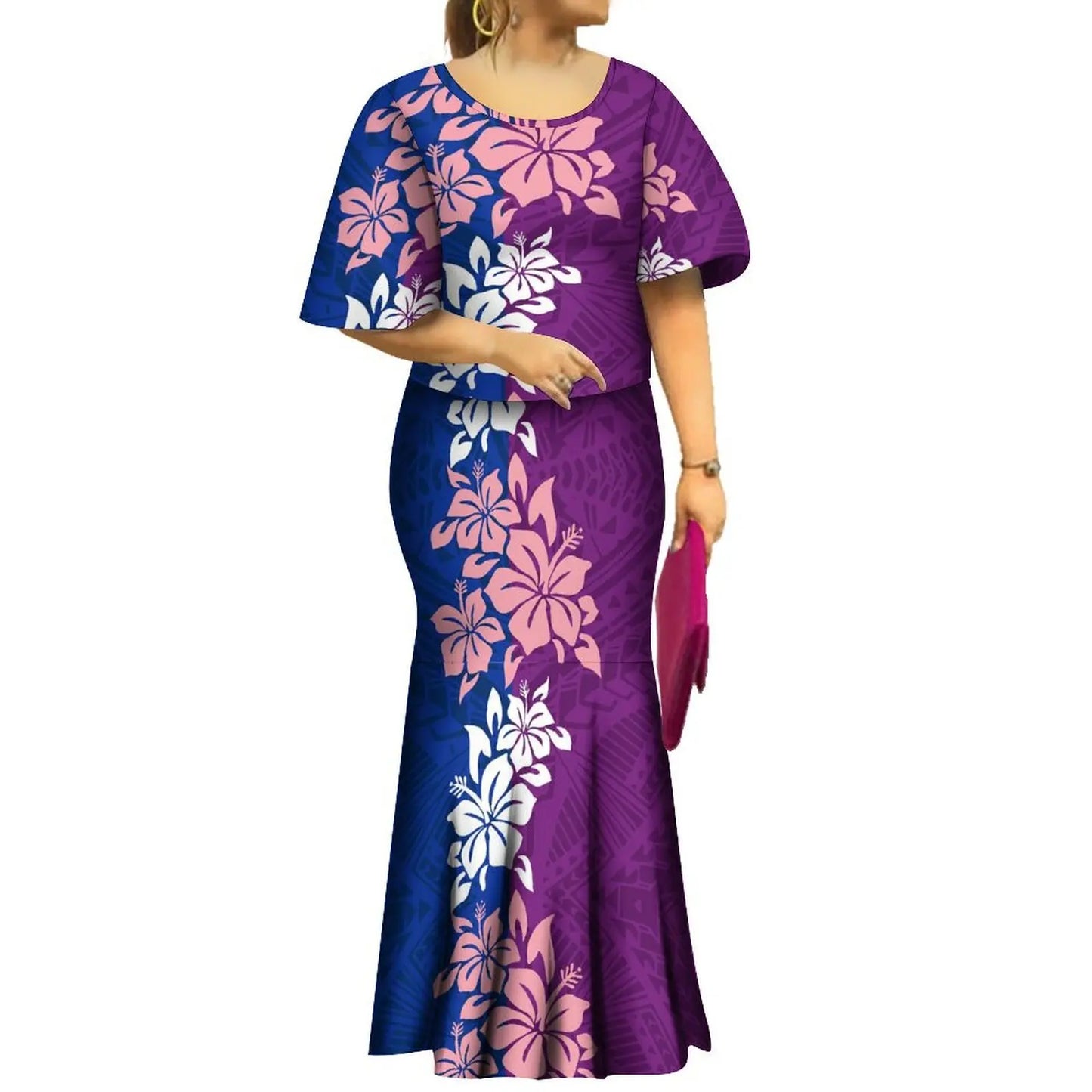 2024 New Summer  Print Plus Size Women Dresses  Polynesian Tribal Bell Sleeve Samoa Puletasi  Dress