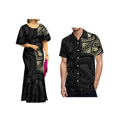 2024 New Summer  Print Plus Size Women Dresses  Polynesian Tribal Bell Sleeve Samoa Puletasi  Dress