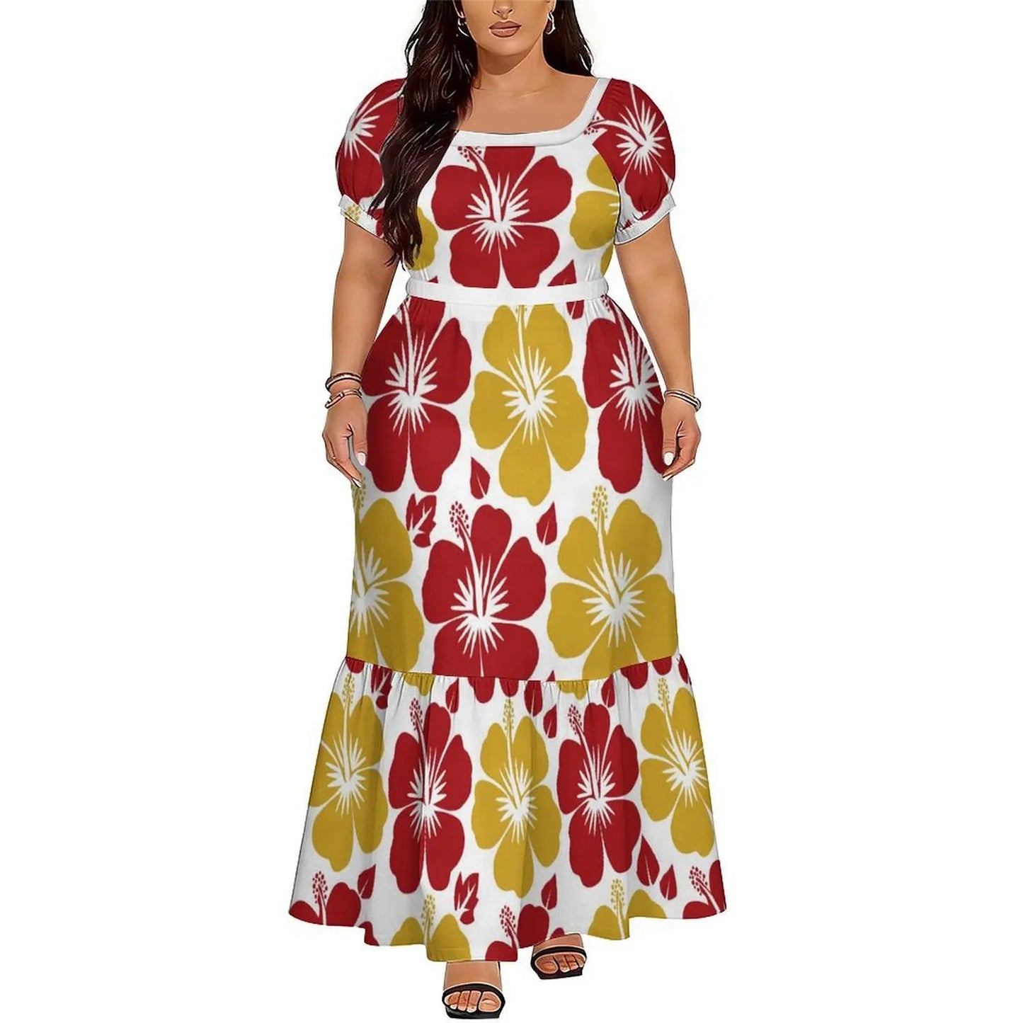Polynesian Floral Puletasi Dress With Layered Sleeves