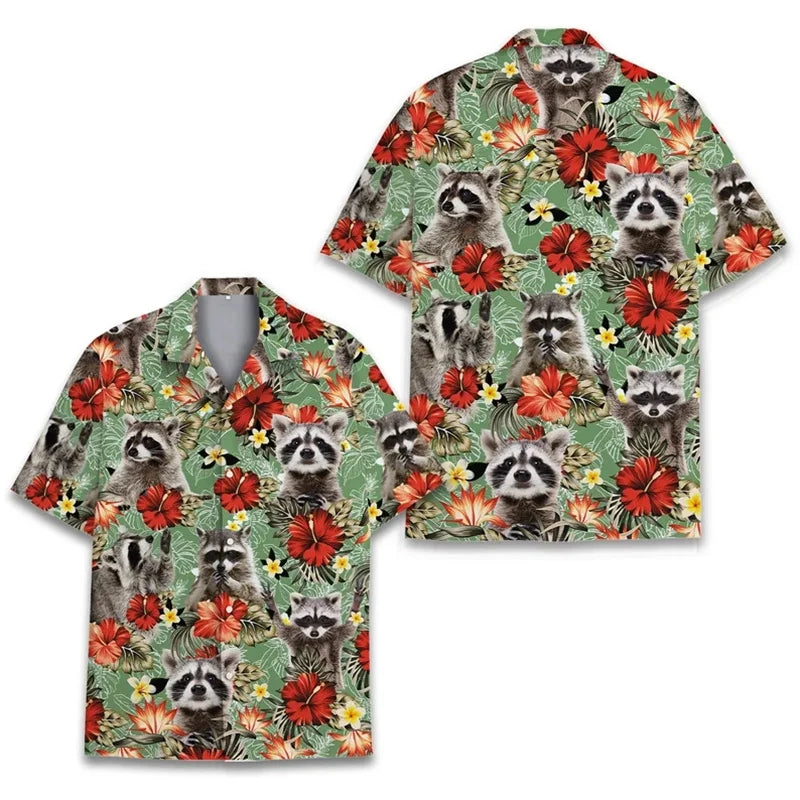 Polynesian Tiki Loose Breathable Men's Short Sleeved 3d Print Funny Raccoon Hawaii Shirts Beach Party Top Women Kid Tops Camisas